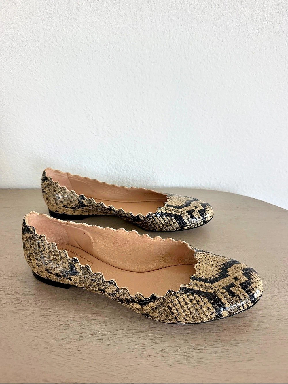 Chloé Lauren Python-Embossed Scalloped Ballet Flats EU 38.5